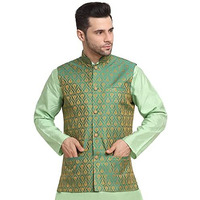 Kraft India Men Silk Blend Paisley Green Nehru Jacket Only, Size- Medium