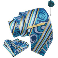 Axlon Teal Blue Striped Tie For Men  Formal Ties Set With Pocket Square, Cufflink, Tie Clip & Flower Pin With Gift Box For Mens (Axfbk39)