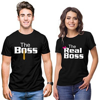 Hangout Hub Hangout-Hub505$P Couple Tshirts For Couples | Printed | The Boss The Real Boss T-Shirts(Black;Men L, Women Xl) Men's And Women's Round Neck T-Shirt (Pack Of 2, Cotton)