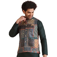Kisah Men's Ethnic Wear Regular Fit Printed Cotton Blend Multi-Green Nehru Jacket-40