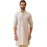 Jompers Mens Beige Sequin Embroidered Pure Cotton Kurtas (Beige, M)