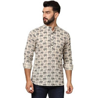 Japer Kurti Mens Cotton Cream Color Elephant Print Full Sleeves Short Kurta (Size-L)