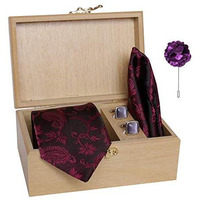 Nu-Lite Men's Micro Polyester Printed Necktie Set With Pocket Square, Brooch Pin And Cufflinks In Wooden Box (Wine Burgandy, Free Size)