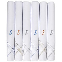 Caruso Italy Men's Initial Monogram R Embroidery 100% Pure Cotton Casual Style Handkerchief White Base With Colored Border - Pack Of 6