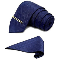 Louis Stitch Mens Marine Blue Italian Silk Necktie Set Incl Pocket Square Golden Tiepin American Style Formal Tie Gift Set For Men (Tegpbu037)