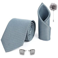 Rizoro Mens Plaid Micro Self Silk Necktie Gift Set With Pocket Square Cufflinks & Brooch Pin Formal Tie With Leatherite Box (Silver Sidislrx Free Size)