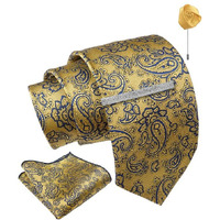 Axlon Yellow Pasiley Tie For Men  Formal Ties Set With Pocket Square, Cufflink, Tie Clip & Flower Pin With Gift Box For Mens (Axfbk36)