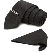 Louis Stitch Mens Sable Black Italian Silk Necktie Set Incl Pocket Square Chrome Tiepin American Style Formal Tie Gift Set For Men (Tecpbl-#)