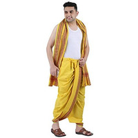 Prakasam Cotton Men's Panchakachamready Made (Ready To Wear) Dhoti Towel Set With Pocket- Free Size (Yellow)