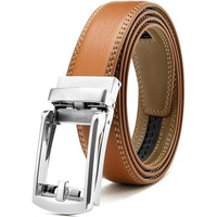 Contacts Genuine Leather Belt For Men With Easier Adjustable Autolock Buckle Fit Everywhere |Formal & Casual | Elegant Gift Box (15-Light Brown Nickle-Waist Size Fit From 28" To 42")