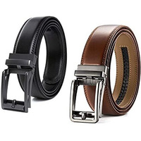 Contacts Men's Genuine Leather Auto Lock Buckle Belt Pack Of 2(Black & Tan)