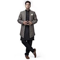 Amzira Mens Stylish Ethnic Wear Stand Collar Full Sleeve Black Kurta Pajama With Long Jacket Set(Black M, Size)