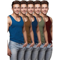 Cosco Fouji Men's Cotton Vest Assorted Colour [ Combo-Pack Of 5 ] L / 90 Cm | Sleeveless | Round Neck | Regular Fit, Large