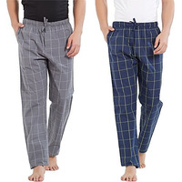 Xyxx Men's Super Combed Cotton Checkered Checkmate Pyjamas [Pack Of 2] Elasticated Waist, Drawstring | Loungewear For Men In Lime, Grey Checks