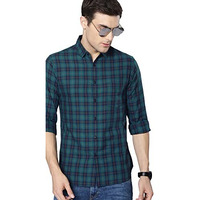 Dennis Lingo Men's Teal Blue Checks Spread Collar Slim Fit Casual Shirt