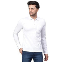 Fleximaa Men's Cotton Polo Neck Full Sleeve White Color Regular Fit T-Shirt With Pocket L Size