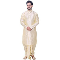 Om Shubh Mangalam Men's Silk Fancy Gloden Kurta Dhoti Set