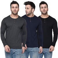 London Hills Solid Men Full Sleeve Round Neck Cotton Blend Regular Fit T-Shirt (Pack Of 3) Blue, Large