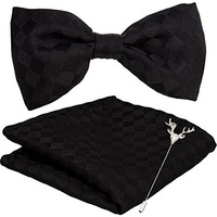 To The Nines Men's Microfiber Black Checks Bow Tie & Pocket Square With Lapel Pin