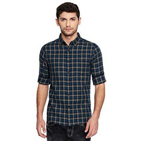 Dennis Lingo Men's Checkered Tealblue Slim Fit Casual Shirt