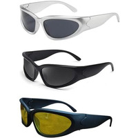 Hairum Combo Of 2 And Pack Of 3 Futuristic Series Wraparound Y2K Sunglasses For Men & Women | Uv Protected | Full Rim Trending & Stylish Shades | Free Size (Silver Black Nightdrive)