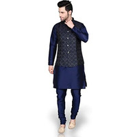 Ethluxis Men's Silk Blend Kurta Churidar Pyjama With Ethnic Bundi Jacket Set (38, Navy/Navy, Regular Fit)