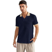 Textured Knit Polo Shirt With Contrast Collar And Cuffs (Jqrd-Solid-Polo-5245-Navy-M)