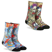 Dynamocks Men's & Women's Polyester Blend, Nylon, Spandex & Elastic. Socks (Pack Of 2) (Skulls + Dragon_Multicolored)