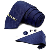 Louis Stitch Mens Marine Blue Italian Silk Necktie Set Incl Pocket Square Cufflinks Golden Tiepin Brooch American Style Formal Tie Gift Set For Men (Bu037Gp)