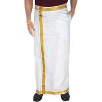 Tuni Mani Men's Cotton Welcro Pocket Dhoti/White/Adjustable For All Size (28"- 44") (Single Dhoti) (1-1/4" Gold Zari)