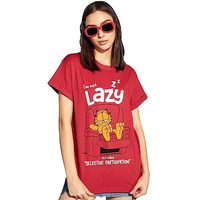 Bewakoof X Official Garfield Merchandise Women's Selective Participation Graphic Printed 100% Cotton T-Shirt - Boyfriend Fit, Round Neck, Half Sleeves_591632_Red_M