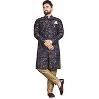 N.B.F Fashion Cotton Mens Casual Style Ethnic Wear Indo Western Set (Large, Royal Blue Yellow)