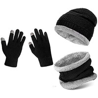 Lyonardo Winter Thick Fleece Lined Beanie Woolen Casual Style Cap Hat, Neck Scarf And Touchscreen Gloves Set For Men Women(3 Set) (Black)