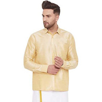 Vastramay Men's Gold Ethnic South Indian Silk Blend Shirt, Full Sleeve With Cuffed Sleeves, Perfect For Festive, Wedding, And Formal Occasions
