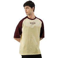 Maniac Mens Printed Round Neck Raglan Half Sleeve Butterscotch And Burgundy Cotton Oversized Tshirt