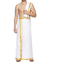 Tuni Mani Men's Cotton Welcro Dhoti/Jari Border Pocket Vesti/Adjustable For All Size (28"- 44")(Single Dhoti With Towel, Milk White)
