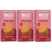 Rightcrunch Millet Crackers Gluten Free & Baked With High Protein & Fibre. Pack Of 3 Onion Garlic Flavour - Healthy Crackers, Healthy Chai Time Snacks, 300G.