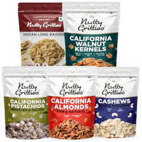 Nutty Gritties Mixed Dry Fruits Combo, 1Kg | California Almonds, Cashews Nuts, Long Green Raisins, California Walnuts Kernels, Roasted Salted Pistachios Pista | Resealable Pouch - (200G Each)