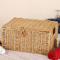 Akway Wicker Water Hyacinth Kauna Grass Seagrass Storage Basket With Lids Rectangular Handwoven Wicker Organizer Baskets Desktop Storage Box Rattan Container Desk Basket Bins For Bathroom Office