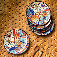Exclusivelane 'The Hut Family' Ceramic Quarter Plates Set Of 6 (6 Pieces, 7 Inch, Dishwasher & Microwave Safe) |Handpainted Quarter Plates Ceramic Serving Plates For Snacks Plates Side Plates Set Of 6