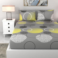 Loreto - A Quality Linen Brand 100% Cotton Bedsheet For Double Bed, 1 Double Bedsheet With 2 Pillow Covers | 144 Tc Queen Size Double Bedsheet Cotton, Geometric (Grey & Yellow)