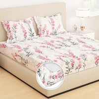 Story@Home 210 Tc Glace Cotton Feel Elastic Bedsheets For Queen Size Bed Fitted Bedsheet Fits 72" X 60" Mattress All Around Elastic, (Candy Floral Pink)