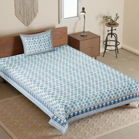 Jaipur Weaves 100% Pure Cotton Bedsheet For Single Bed, 1 Single Bedsheet With 1 Pillow Cover | 180 Tc Single Bedsheet Cotton | 90X60 Inches |Single,Floral Sapphire Blue