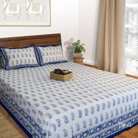 Toai Hand Block Printed Bedsheet Pure Cotton Double Bed Queen Size 90"X108" 210 Tc Bedsheets Includes 2 Pillow Covers (Beautiful Blue Paan)