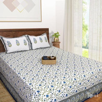 Toai Bedsheet For Double Bed King Size 108" X 108" |100% Pure Cotton 210Tc | Hand Block Printed Jaipuri Bedsheet | 2 Reversible Pillow Covers 18"X27" |White Blue Florals
