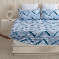 Homemonde Cotton Fitted Bedsheet 84 X 78 Inch With 2 Pillow Covers 210 Tc Printed Wrinkle Free All Over Elastic Flat Fitted Sheet King Size - (Fit Upto Mattress - 10 Inch, Sky Blue)