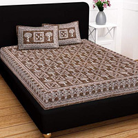 Sheetkart 144 Tc Cotton Floral Jaipuri Printed Double Bedsheet With 2 Pillow Covers, Coffee Brown