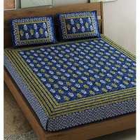Sheetkart 144 Tc Motif Printed Jaipuri Cotton Double Bedsheet With 2 Pillow Covers, Sharp Navy Blue