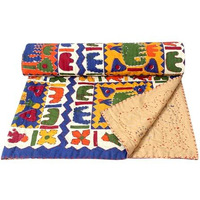 The Furnishing Tree Katha Hand Work Bedsheet/Dohar/Stitch Cotton Ac Comforter For Queen Size Bed Multicolor With Blue Borders Traditional Jaipuri