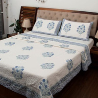 The Curio Street Premium Quilted Bedcover With 2 Pillow Covers - Hand Block Printed, Pure Cotton, King Size 90X108 Inches (For Double Bed), Floral Pattern, Blue & Green